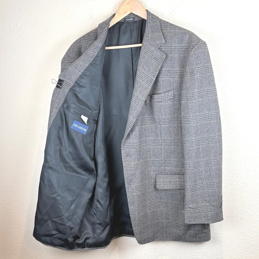 JOHN ASHFORD Men's Plaid Wool Camel‎ Hair Blazer Sport Coat Jacket Gray Tan 46R